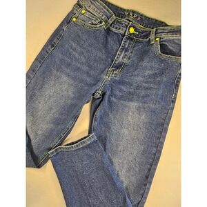 Vibrant Miu VBRT Jeans Womens 9 W28 Dark Stone Neon Yellow Contrast Stitch